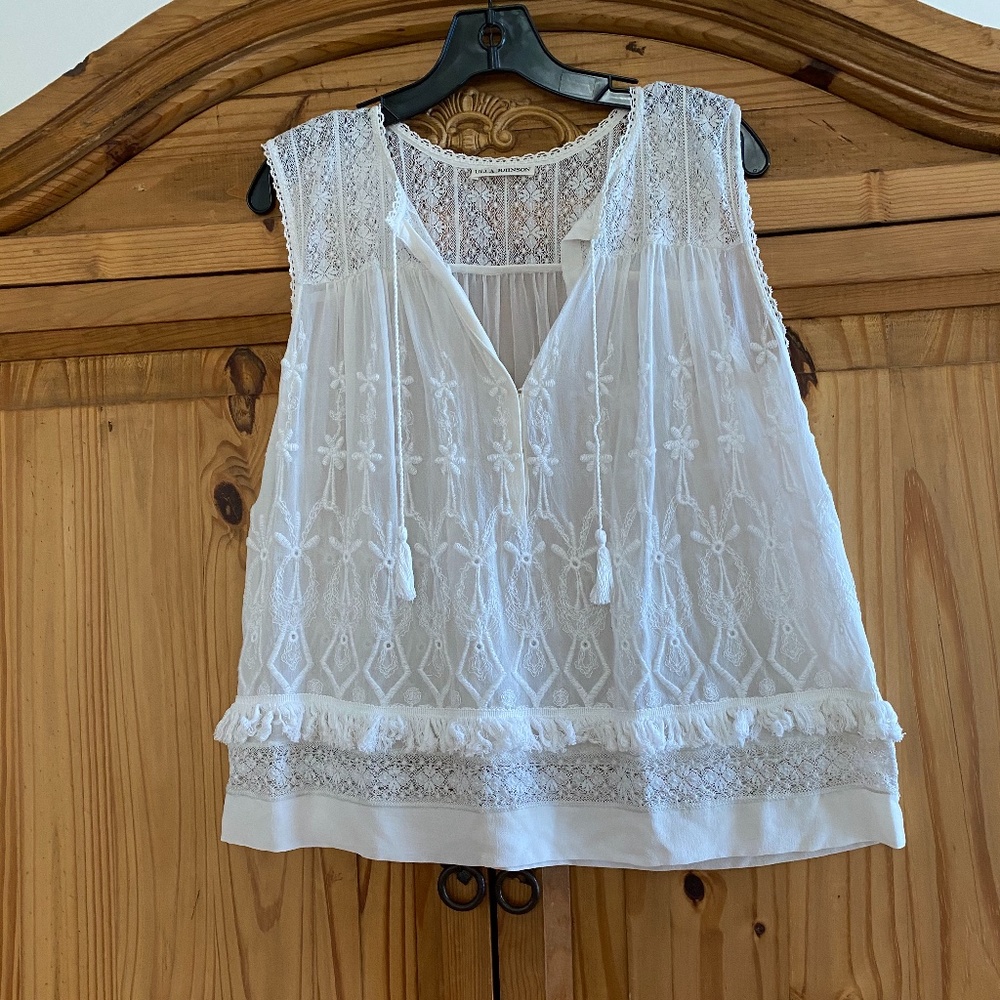 Sheer white embroidered top with fringe. - Picture 2 of 4